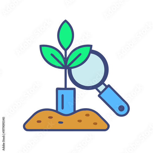 A plant growth with a magnifying glass examining it, conceptual flat design