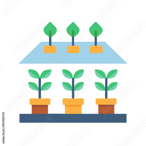 Illustration of potted plants inside a small greenhouse on a black background