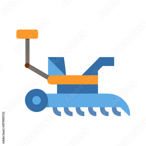 Minimalist illustration of a blue and orange agricultural tiller machine on black