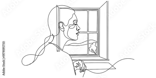 Minimalist continuous line art drawing of a thoughtful woman gazing out of an open window frame.