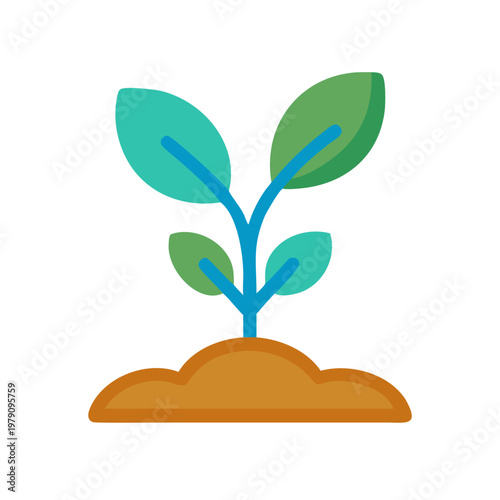 Flat design illustration of a small plant growing in soil against black background