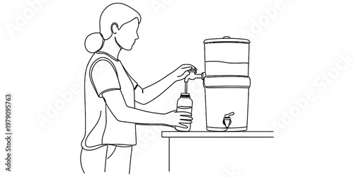 A simple line drawing showing a woman standing and filling up a water bottle from a dispenser unit.