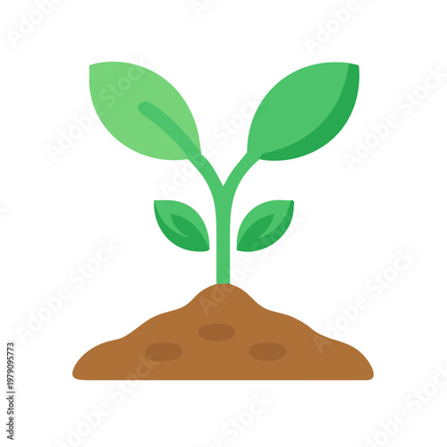 Simple flat illustration of a green plant growing in brown soil against black background