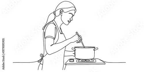 A continuous line drawing of a woman in an apron stirring a pot of food on the kitchen stove top