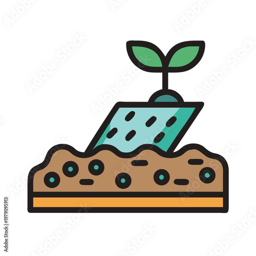 Iconographic illustration of a seedling growing in soil on a black background