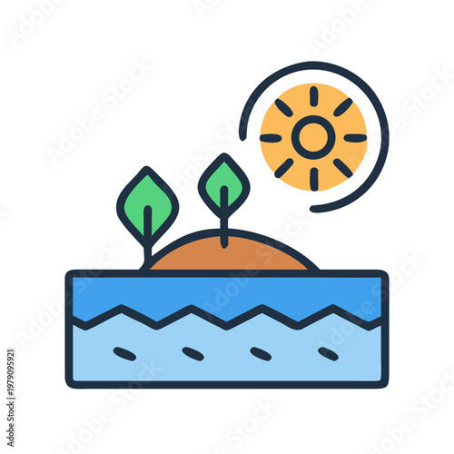 Island with trees and sun flat icon illustration for ecological environment