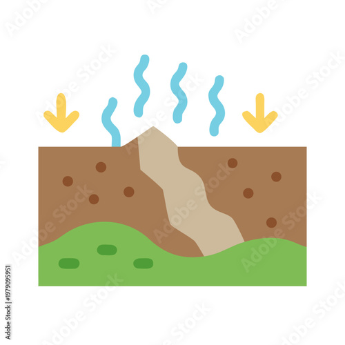 Flat illustration of soil erosion with water flow and sinkhole formation.