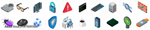 Comprehensive set of 20 isometric cybersecurity and hacking icons including servers, code, hardware, security symbols, and software bug illustrations.