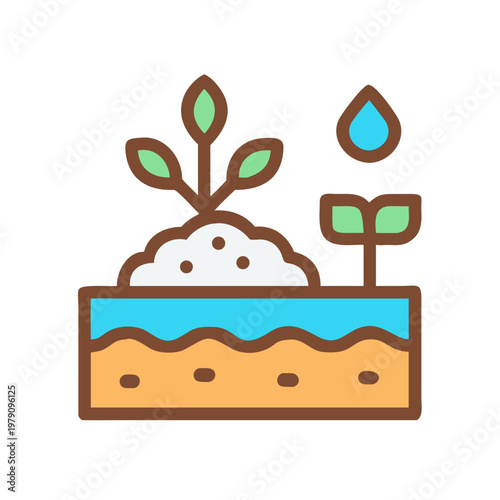 Icon illustration showing growth of plant life with water, soil, and vegetation