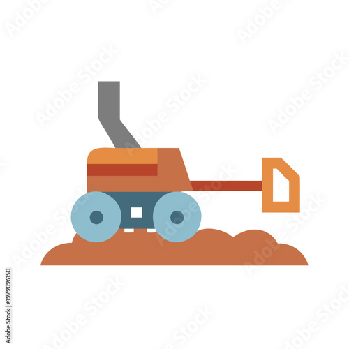 Flat vector graphic of a bulldozer on ground against a black background