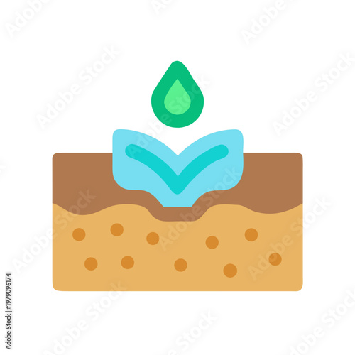 Minimalist graphic of water droplet hydrating soil, representing irrigation and plant growth