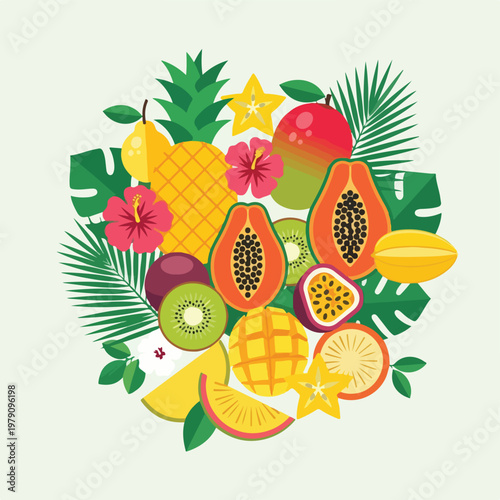 Картината върху платно A colorful arrangement of tropical fruits and leaves