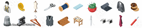 Comprehensive Isometric Collection of Tailoring and Dressmaking Tools, Equipment, and Men's Formal Wear Icons Isolated on a White Background