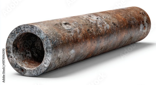 Aged, hollow pipe with rough, textured surface showing rust and decay
