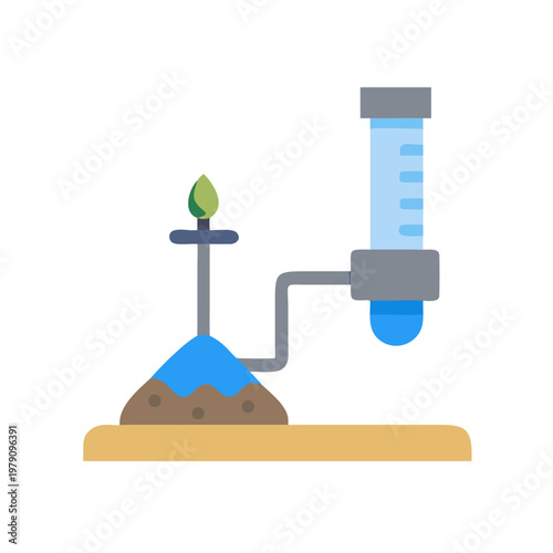Flat illustration of plant growth system with water reservoir in laboratory setting