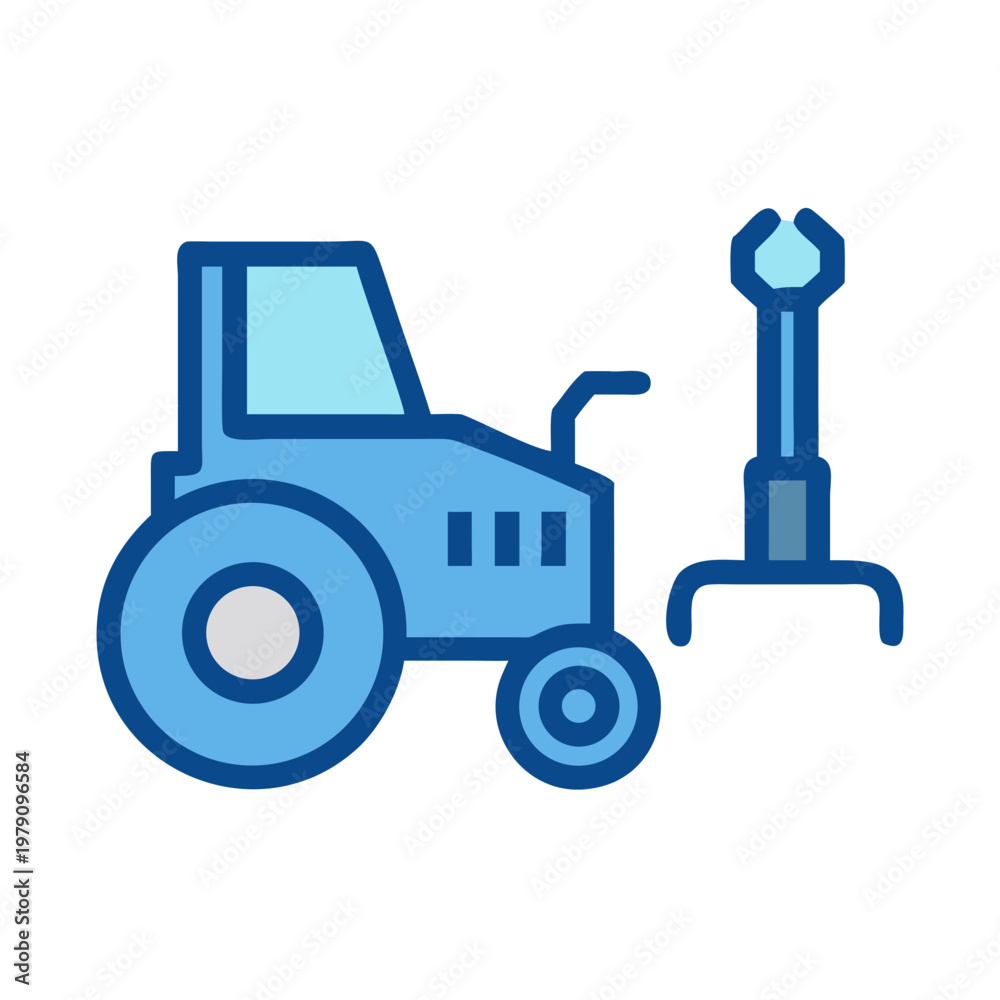 Naklejka premium Stylized blue tractor and agricultural machinery icon on a black background