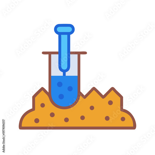 Stylized science test tube icon with blue liquid in brown holder on black