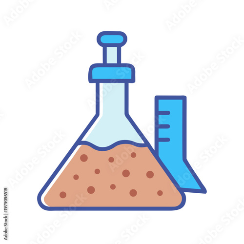 Two scientific flasks with a liquid inside on a black background design