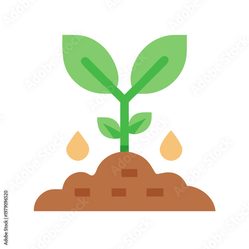 Flat vector icon of a sprout, leaves, soil and water drops on black
