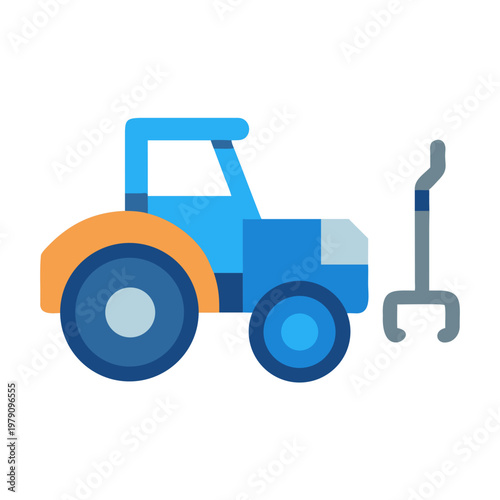 Simplified blue farm tractor with orange wheel guard, flat design isolated on black