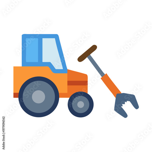 Orange tractor illustration with grabber arm on black background for agricultural themes