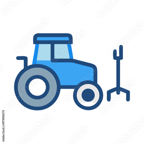 Vector illustration of a light blue tractor with a cultivator on a black background