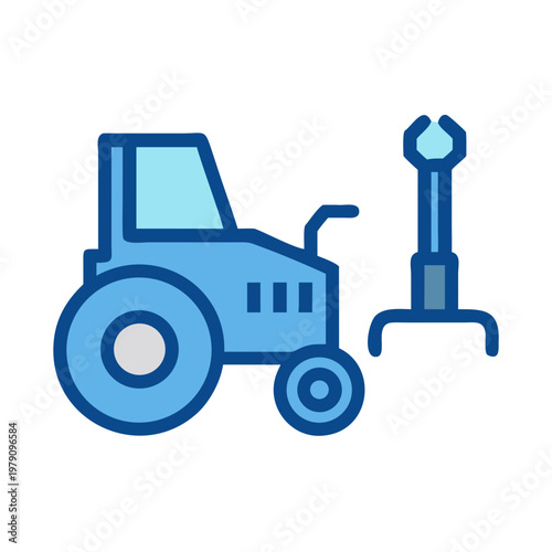 Stylized blue tractor and agricultural machinery icon on a black background