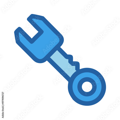 Stylized blue wrench tool icon with black background for industrial applications