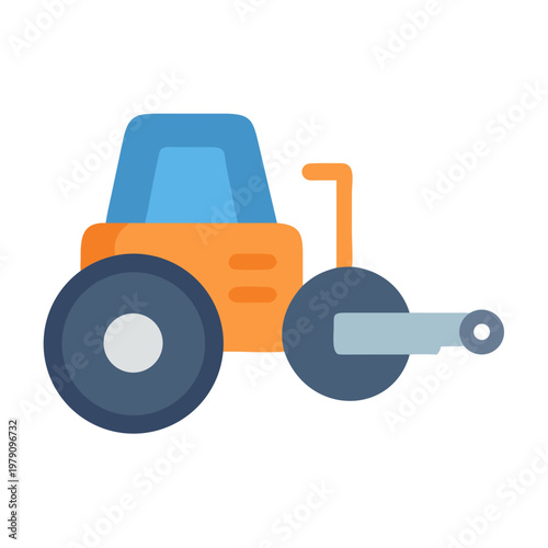 Stylized road roller icon illustration on black backdrop in flat design.