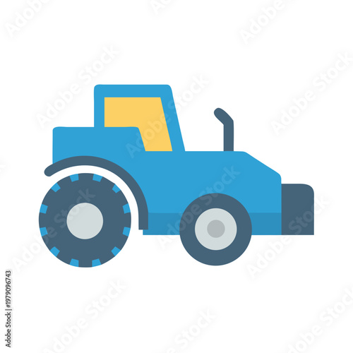 Blue tractor icon with yellow window on a black background, cartoon illustration
