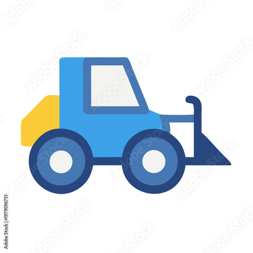 Blue tractor icon isolated on black background, construction vehicle vector illustration