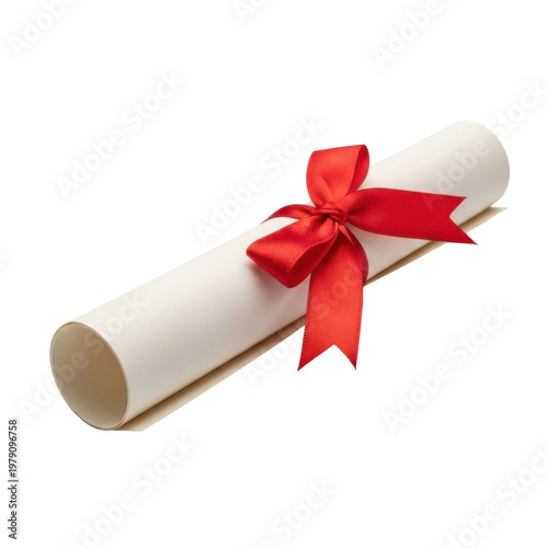 Graduation diploma scroll with red ribbon gift on white background isolated