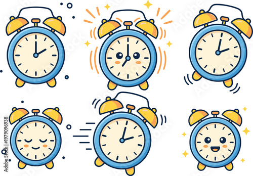 Alarm Clock Illustration Set with Different Times, Ringing Motion, Morning Wake Up Concept and Cute Cartoon Time Management Icons Collection for Design