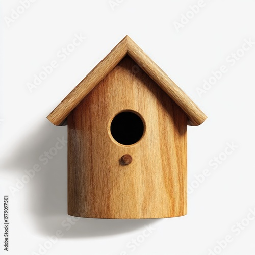A simple, wooden birdhouse with a circular entrance hole, set against a white background