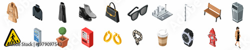 Comprehensive Set of Isometric Icons Representing Urban Life, Street Infrastructure, and Trendy Women's Fashion and Accessories.