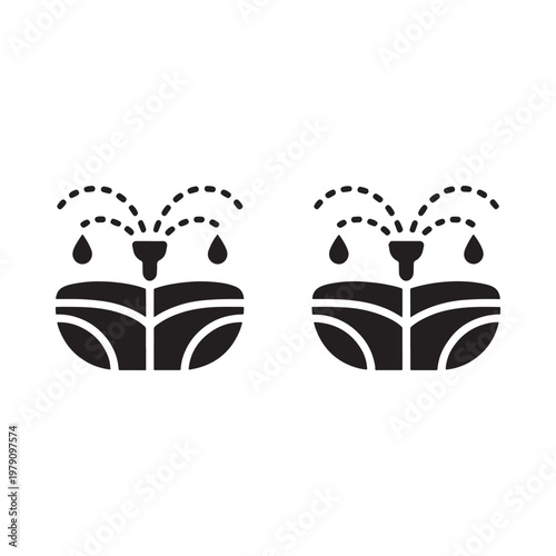 Simple black glyph illustration of two sprouting plant seeds with water droplets