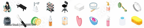 Collection of Isometric Beauty Salon and Spa Icons Including Cosmetologist, Massage Table, Facial Products, and Professional Equipment on White Background