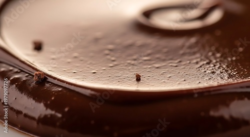 Rich melted dark sweet cocoa confection flowing smoothly with a spoon stirring the indulgent dessert preparation for a delightful confectionary experience in the kitchen