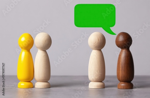 Four wooden figurines, two natural, one yellow, one dark brown, with a green speech bubble above the darker pair symbolizing communication or dialogue.