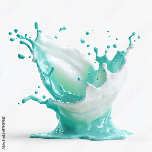 A vibrant splash of turquoise liquid against a white backdrop, resembling milk