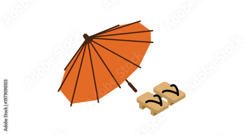 Beach Orange Umbrella and Sandals.