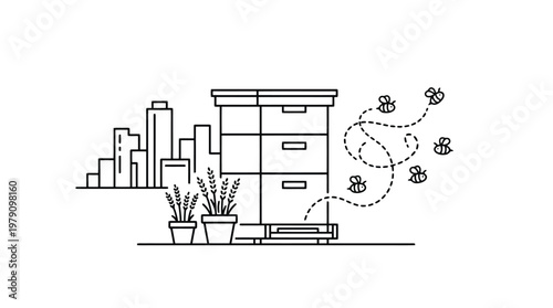 Beehive with bees flying around it.