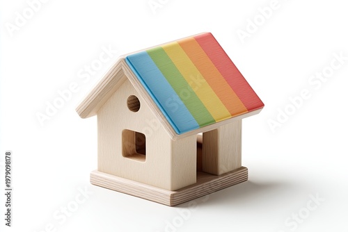 A small wooden house toy with a rainbow-colored roof against a white backdrop