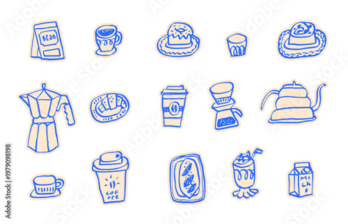 Hand Drawn Coffee Scrapbook Collage Sticker, Coffee Shop Clip Art Doodle Line Drawing Latte, Americano, Cappuccino, Street Coffee, Coffee Machine, Caffeine, Coffee Icons, Brunch Food Vector	
