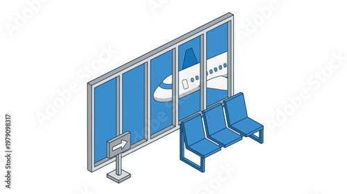 Blue airport waiting room seating area.