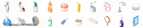 Isometric Collection of Cosmetology and Skincare Icons Featuring Professional Beauty Treatment Equipment, Medical Aesthetic Products, and Clinical Dermatology Tools for Modern Skin Care.