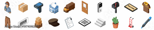 Collection of isometric delivery and logistics icons featuring courier, vehicle, packages, home accessories, and tools for efficient shipping and distribution services.