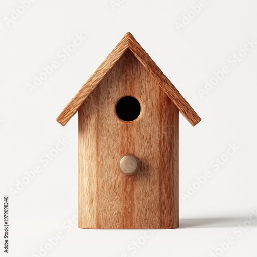 A small, wooden birdhouse against a plain white background, front-facing