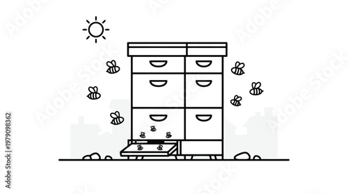 Bees around a wooden beehive drawer.