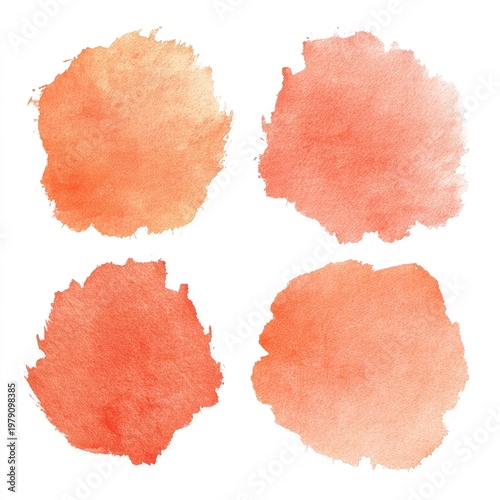 Four abstract watercolor washes in varying shades of orange and coral on a white backdrop